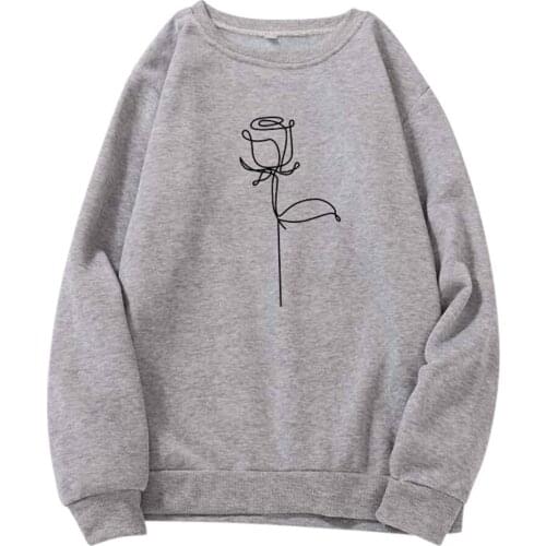 Pullover Sweatshirt Gray Tops Womens Autumn Long Sleeve Rose Print Loose O-neck Casual Teenager Sweatshirts Sudadera Oversize