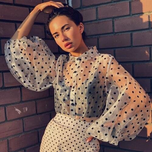 2020 Fashion Women Summer Sexy See-through Polka Dot Shirt Blouse Tops Fashion Ladies Long Puff Sleeve See-through Blouses
