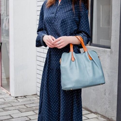 Contrast Color Brown Handle Soft Large Tote Bag 100% Cowhide Leather Womens Shoulder Bag Pink Blue Stylish Ladies Handbag