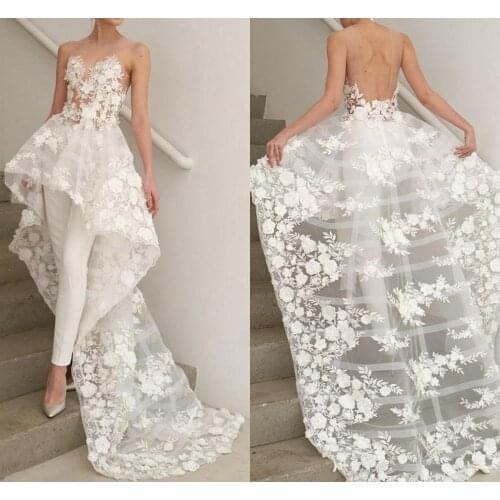 Summer Jumpsuit Wedding Dresses Beach 2021 Flowers Lace Strapless Pantsuits Wedding Party Formal Dress open back