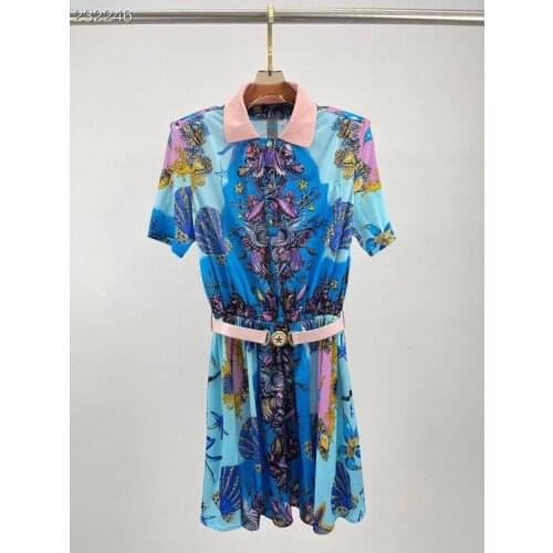 Women Autumn Elegant Mini Dress Shirt High Quality Vintage Party Waist Elastic Floral Print Belt Designer Dress Casual Vestidos