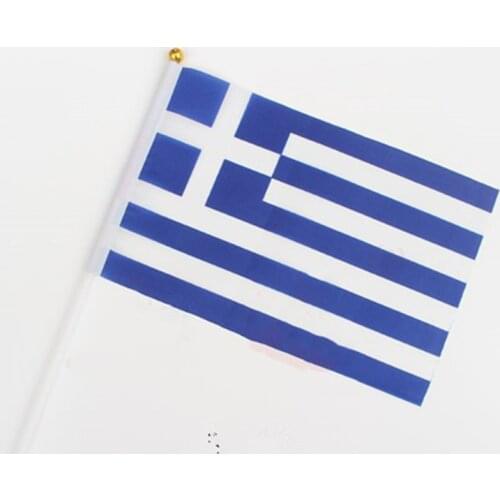 14 * 21 CM Greek Flag Polyester standard Flag hand waving flags Greece Flag with Plastic Flagpoles 5pcs
