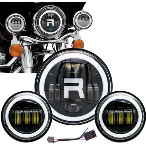 7inch LED Headlight white DRL, 4.5inch Halo Fog Lights , Adapter Ring for Touring Electra Glide Road King Street Glide