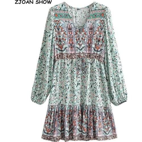 Bohemia V neck Location Floral Print Lantern Long Sleeve Short Dress Hippie Woman Adjustable Lacing up Waist Holiday Dresses