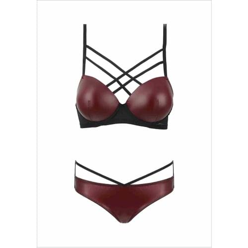 Burgundy Tulle Detail Leather Bra Set