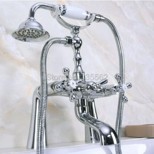 Double Double Cross Handles Deck Mounted Bathroom Clawfoot Bathtub Tub Faucet Mixer Tap w/Hand Showe lna126