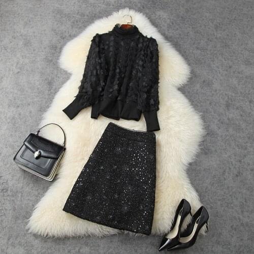 European and American womens clothing 2020 autumn new style Long-sleeved applique sweater Sequined tweed skirt fashion suit