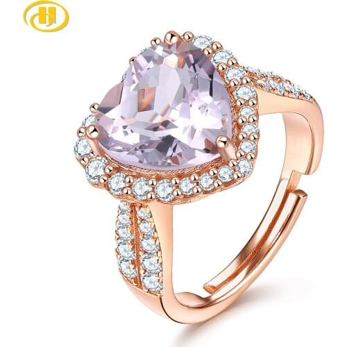 Natural Heart Shape 10mm Brazil Pink Amethyst Rose Gold Plated 925 Sterling Silver Adjustable Size Classic Women Ring