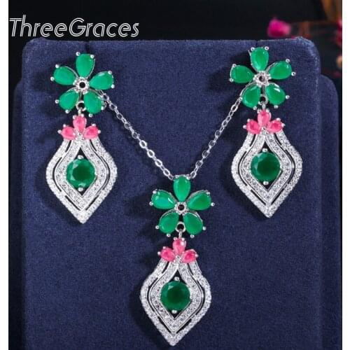 ThreeGraces Fashion Flower Pineapple Silver Color Zircon Crystal Pendant Necklace Earrings Jewelry Set for Women Gift JS126