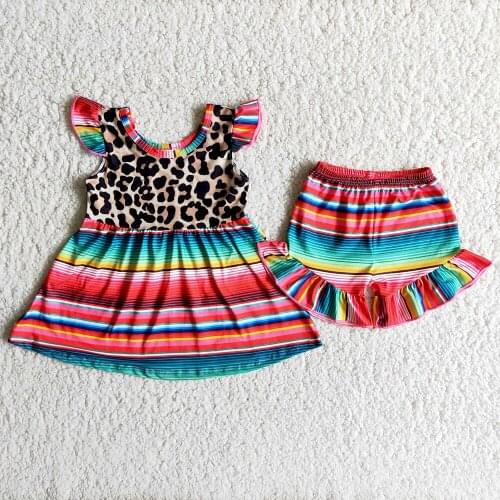 Hot Sale Kids Flutter Sleeve Tank Top And Ruffle Shorts Set Girls Cute Summer Outfit With Leopard Striped Print