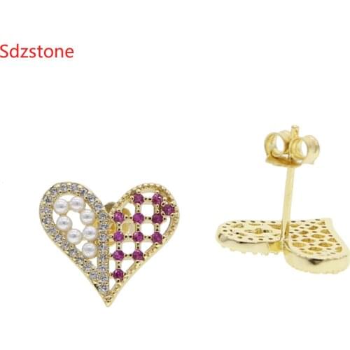 Copper Heart Women Earrings Metal White Pearl With Red Cz Earrings For Women Party Wedding Jewelry