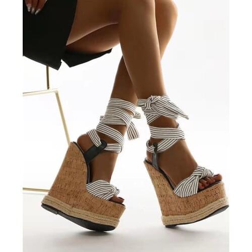 Fashion White Stripe Fabric Knot Bangdage Sandals Platform Super Wedge Heel Bohemia Women Leg Cross Tie Gladiator Shoes