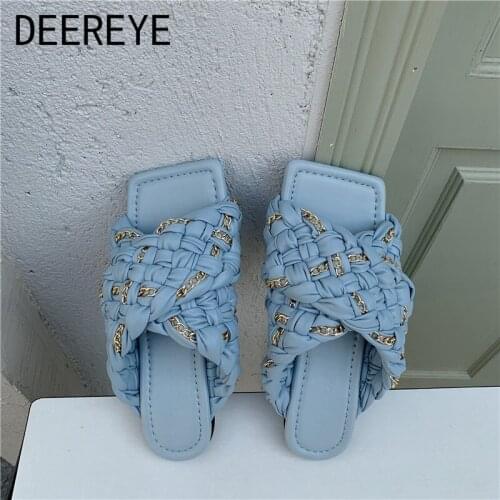 Fashionable Gold Chain Coarse Weave Cross Mixed Flat Slippers Mules Women Luxury Sandals Slip On Square Toe Outdoor Casual Shoes