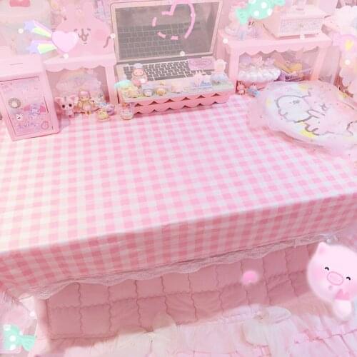 Cartoon Pink Plaid With Lace Edge Cloth Computer Laptop Mat Modern Home Party Decorative Tablecloth Cover for Girls 5208
