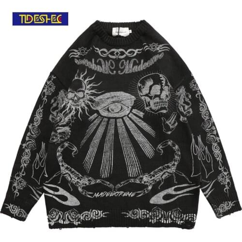 TIDESHEC Mens Womens Streetwear Gothic Skull Printed Harajuku Sweater Retro Knitted Sweater 2021 Fall Winter Cotton Pullover
