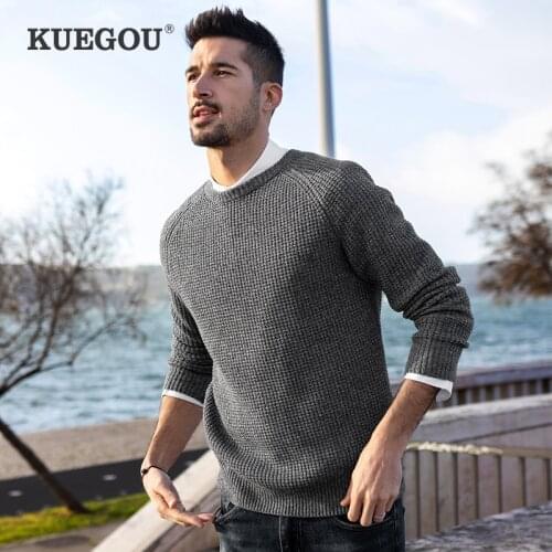 Kuegou 100% Cotton autumn winter male sweater Fashion round collar knitted sweater slim men tops plus size AZ-14012