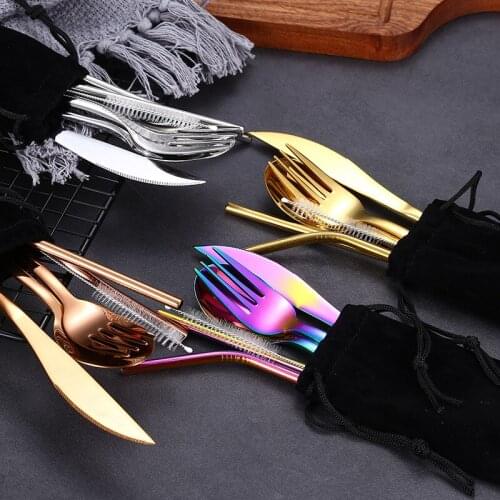 4/7pcs Set 304 Stainless Steel Tableware Reusable Travel Dinnerware Cutlery Set Camp Utensils Set Spoon Fork Straw Portable Bag