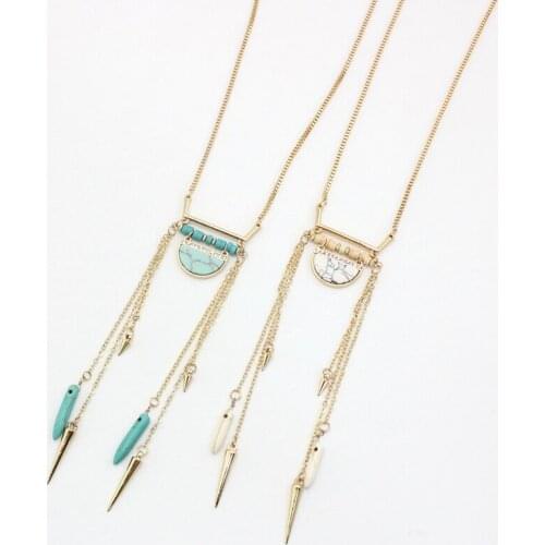 2016 New stone beads rivet tassal pendant long necklace crystal jewelry bar semicircle White green stone necklaces women