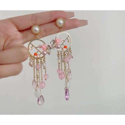 New Elegant Pink Shiny Zircon Flower Circle Long Drop Earrings For Women Delicate Micro Paved Pendientes Jewelry