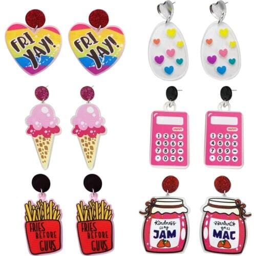Funny Heart Shaped Sweet Potato Chips Letter Dangle Earrings For Women Acrylic Fashion Colorful Calculator Drop Earrings Jewelry