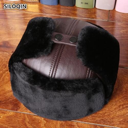 SILOQIN Dads Hat Genuine Leather Hat Middle-aged Elderly Man First Layer Cowhide Bomber Hats Thicken Velvet Earmuffs Winter Hat