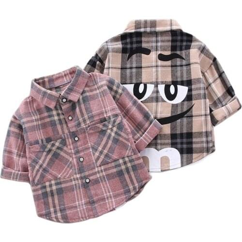 Spring Autumn Letter M Boys Long Sleeve Classic Plaid Lapel Shirts Tops with Pocket Baby Girls Casual Shirt Smile Kids Clothing