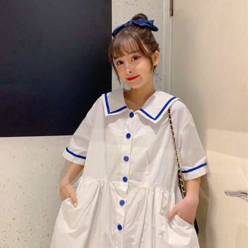 Japanese Kawaii Soft Girly White Preppy Style Women Dresses Cute Refreshing Peter Pan Collar Buttons Loose Mid-Calf Ladies Dress
