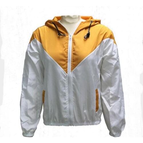 Womens Color Block Elastic Band Waist Hooded Jacket Casual Long Sleeves Hooded Jacket Windbreaker Jacket