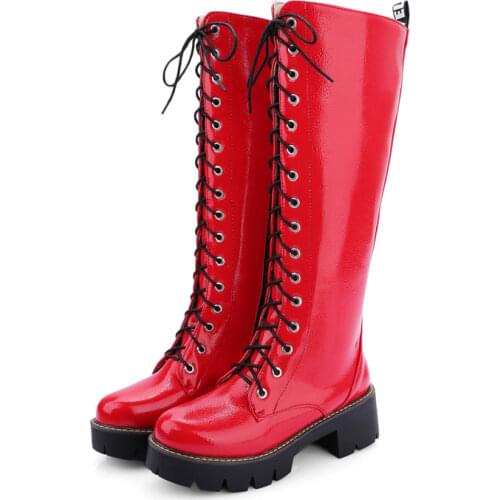 YMECHIC Black Red White Punk Lacing Cross Tied Knee High Thick Heel Boots Ladies Autumn Winter Long Motorcycle Boots Shoes Woman