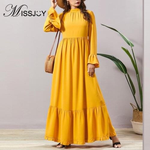 MISSJOY Female Long Robe Plus Size Muslim dress Abayas Casual Ruffle Flare Sleeves Malaysia Elegant O-Neck Maxi 2020 Solid Color