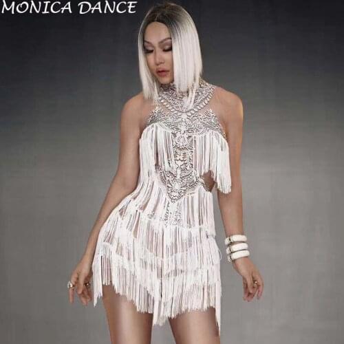 Women Sexy Stage White Fringes Dress Stretch Sleeveless Outfit stage Sexy Skinny Costume Birthday prom show One-piece Dress