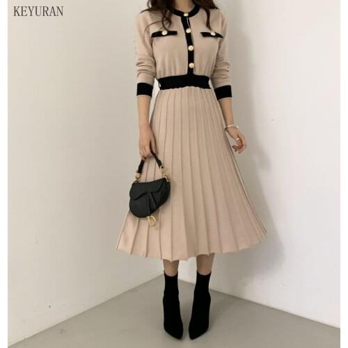 Korean Elegant Knitted Long Dress Women Color-blocked Single-breasted Long Sleeve O-neck A-line Pleated Dresses Vestidos 2021
