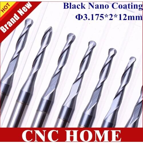 10pcs 3.175*2*12mm Black Nano Coating Carbide Two Double Flute CNC Router Bit Ball Nose End Mill Milling Cutter 3D Relief