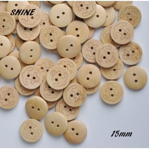 SHINE Wooden Sewing Buttons Scrapbooking Round Natural Two Holes Anchor Pattern 15mm Dia. 50PCs Costura Botones bottoni botoes