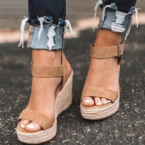 TELOTUNY sandals Women Summer Large Size Wedge Buckle Belt Open Toe Slope Heel Weaving Sandals Vintage Flock Beach Flip-flops