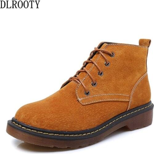 Women Ankle Martin Boots 2018 Autumn Female Casual Shoes Genuine Leather Flat Fashion Platform Round Toe Lace Up Plus Size 34-43