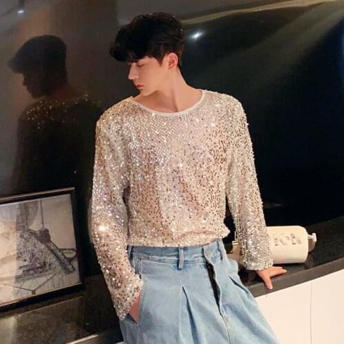 Color Breathable Bright Sunscreen T-shirt Men Sequins Pullover Sweatshirt Nightclub Stage Show Hoodie Tees Shirts Lovers Clothes