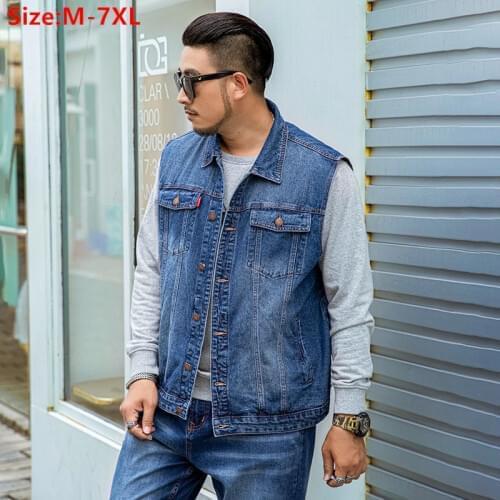 Sleeveless Jean Jacket Men Vest Denim Male Plus Size Motor Black Blue 4XL 5XL 6XL 7XL Cowboy Boys Oversized Korean Waistcoat