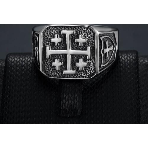Jerusalem Cross Ring 316 Stainless SteelStainless Steel Crusaders Jesus Potent Heraldry Cross Ring BR1237
