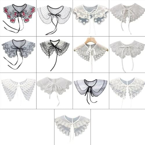 L93F Women Lolita Decorative Fake Doll Collar Lace Shawl Capelet Hollow Out Embroidery Layered Dickey Mini Cape Self-Tie Ribbon