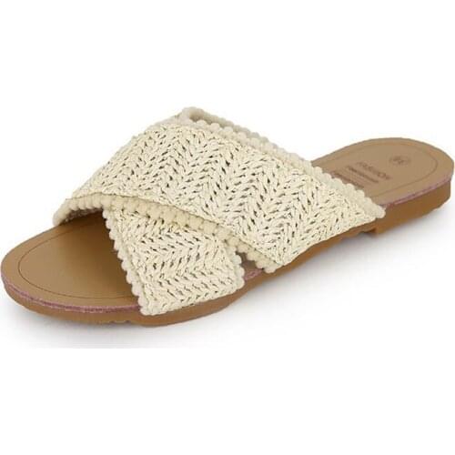 Summer Cross Strap Hemp Weaving Sandals Ladies Straw Hollow Out Non-Slip Flat Bottom Shoes Linen Slippers Beach Casual Slides