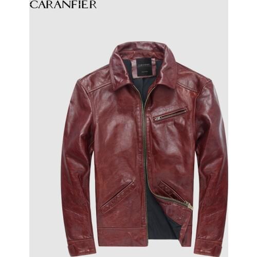 CARANFIER Mens Jackets Vintage Zipper Coats Genuine Cowhide Leather Punk Outerwear High Quality Motorcycle Male Solid Overcoats
