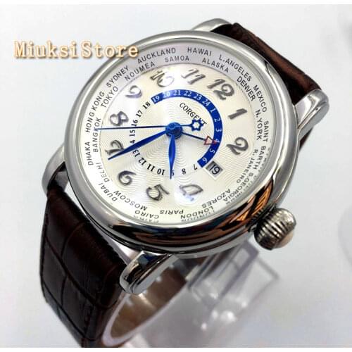 Corgeut 43mm silver case white dial GMT date leather Automatic mens casual top mechanical watch