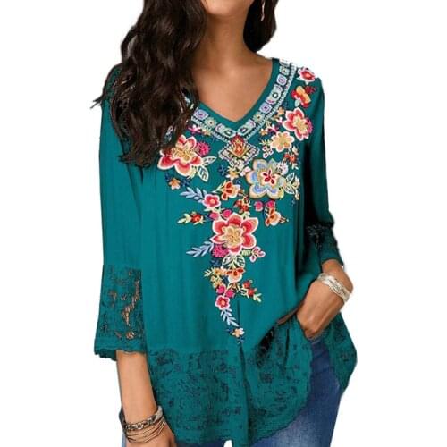 New Autumn Vintage Chiffon Blouses Women Casual V Neck Floral Lace Patchwork 3/4 Sleeve Shirt Summer Casual Blouse Female Top