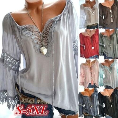2020 New Spring Women Lace Patchwork Blouse Shirt Casual V-Neck Long Sleeve Female Tunic Plus Size Blusas Mujer