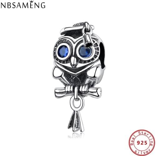 Original 100% 925 Sterling Silver Bead Charm Owl Pave Blue Crystal Pendant Charms Fit Bracelets Necklaces Women Diy Jewelry