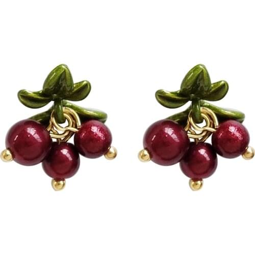 Clip Earrings Small Cute Fruit Red berry Cherry No Pierced Hole Green leaf Cranberry no pierced non piercing ear