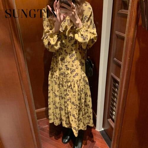 Sungtin Casual Single Breasted Female Print Floral Dress Spring V Neck Women Midi Dress Flower Elegant A-line Vestidos Korean