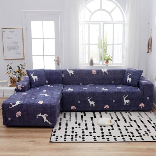Dark Blue Elk Prints Stretch Elastic Sofa Cover L-shaped Corner Couch of Sofa Detachable Wrapped Slipcover for Living Room