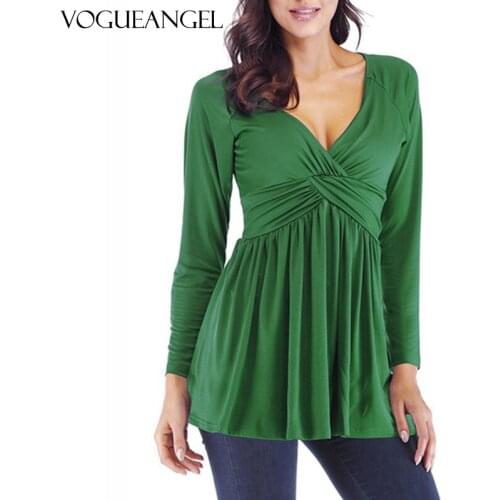 Spring Summer Women T-Shirt Long Sleeve Wrap V-Neck Solid Casual Tops Green Leisure Comfortable Loose T-Shirts Plus Size 5XL